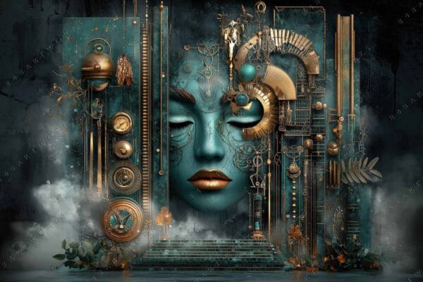 "Surreal digital art with teal face and intricate gold mechanical elements."