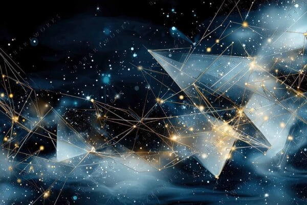 "Abstract digital art of a starry night with geometric golden lines and blue hues."