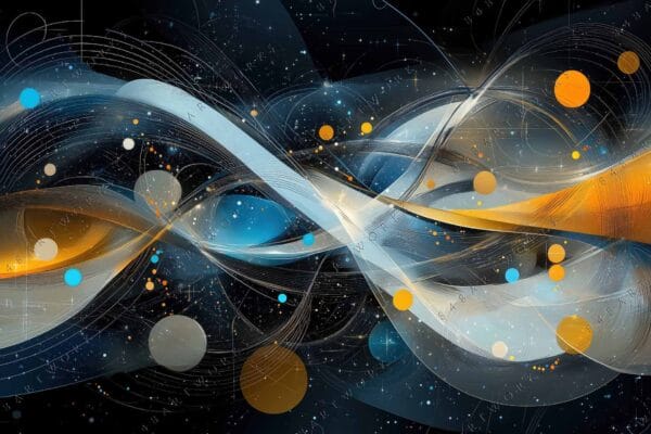 "Abstract digital art with swirling lines and colorful spheres on a dark background."