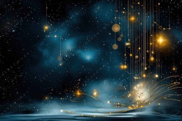 "Digital art of a starry night sky with golden celestial elements and flowing lines."