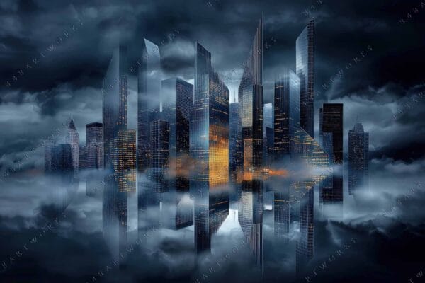 "Digital art of futuristic skyscrapers reflecting in misty water, with dark blue and orange tones."