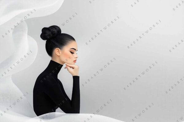 "Digital art of a woman in black turtleneck, contemplative pose against gray background."