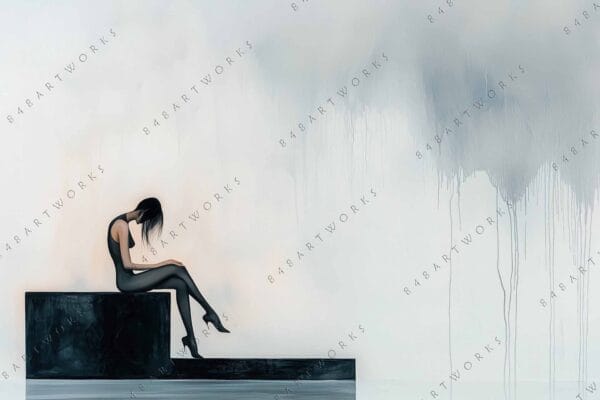 Digital painting of a seated figure in black, minimalist background with gray drips.