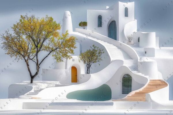 Architectural digital art of white buildings with curved stairs and trees, in soft pastels.