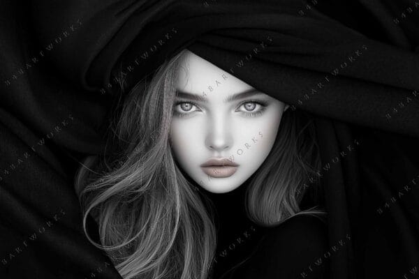 "Monochrome digital portrait of a woman with striking eyes, framed by dark fabric."