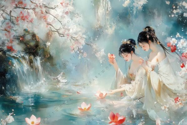 Digital painting of serene women in flowing dresses near a waterfall and cherry blossoms.