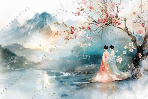 "Watercolor painting of two women in kimonos under a cherry blossom tree by mountains."
