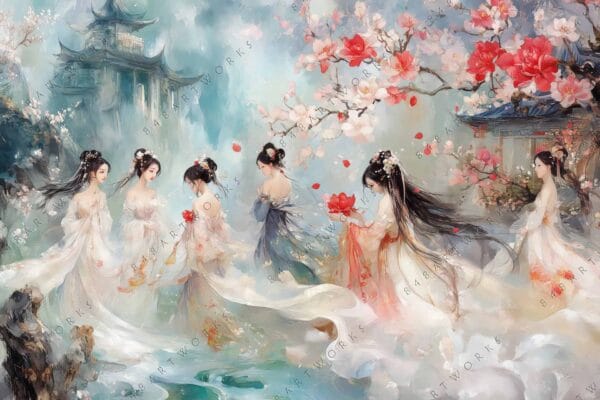 Digital painting of women in flowing garments beneath cherry blossoms against a mystical backdrop.