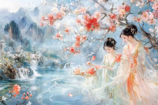 Romantic digital painting of two women in flowing gowns, surrounded by blooming cherry blossoms.
