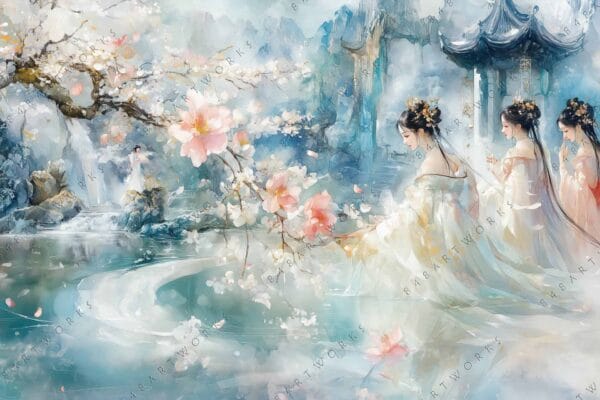 "Digital art featuring women in traditional attire amid pink blossoms and misty landscape."