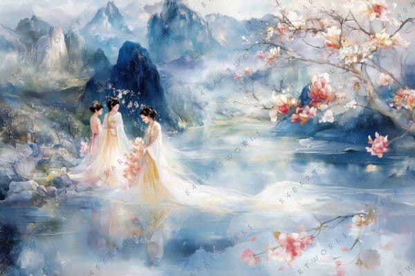 "Traditional painting of three women in elegant dresses by a serene lake, floral accents."