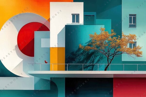 "Geometric digital painting with teal, orange, and red blocks, featuring a tree and bird."