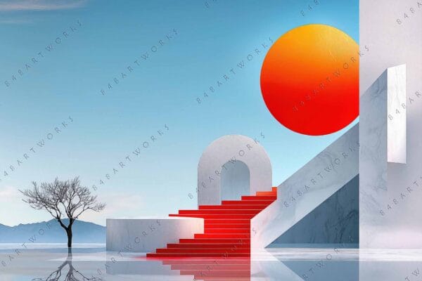 Surreal digital artwork with red sun, arch, red steps, and barren tree against blue sky.