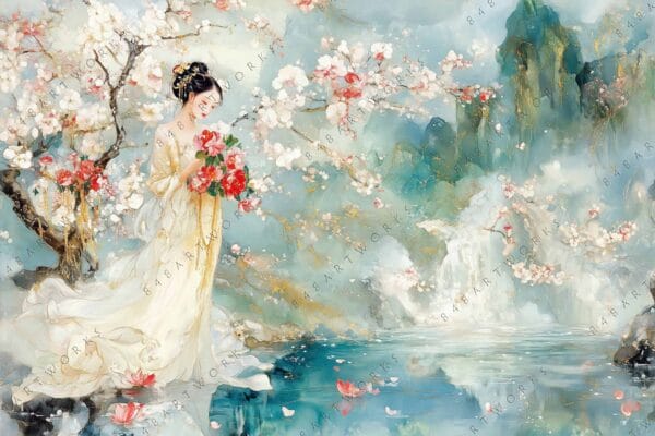 "Elegant digital painting of a woman in a floral landscape with soft pastel hues."