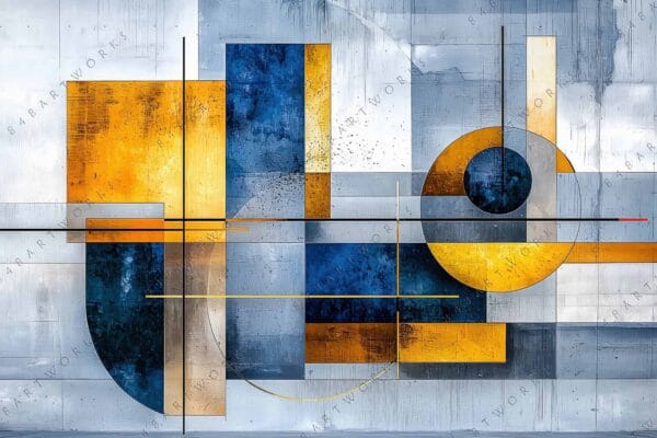 "Abstract geometric painting with blue, yellow, and gray rectangles and circles."