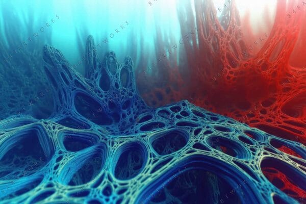 "Futuristic digital artwork of organic structures in blue and red hues."