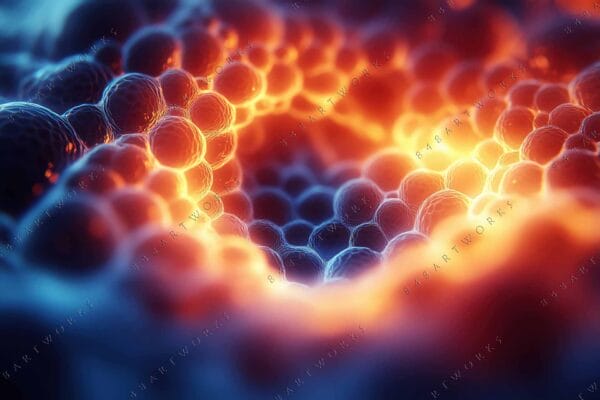 "Digital artwork of glowing abstract bubbles in orange and blue hues."