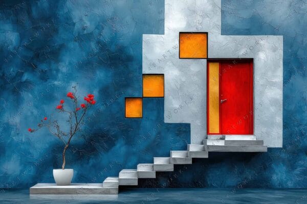 "Digital art of minimalist staircase, red door, potted plant against a textured blue wall."