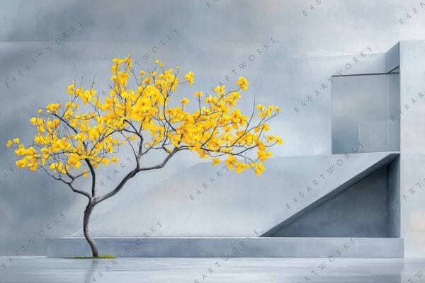 Digital art of a yellow-leafed tree against a minimalist gray architectural backdrop.