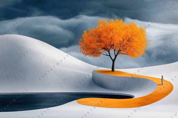 "Surreal digital art of vibrant orange tree and winding path in snowy landscape."
