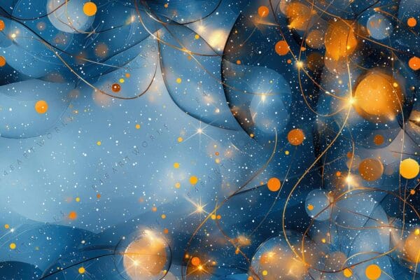 "Abstract digital artwork with swirling blue and orange spheres and light trails."