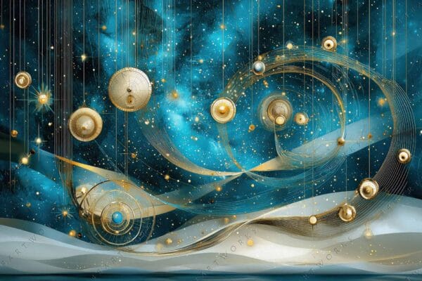 "Abstract digital art of cosmic swirls and celestial spheres in blue and gold hues."