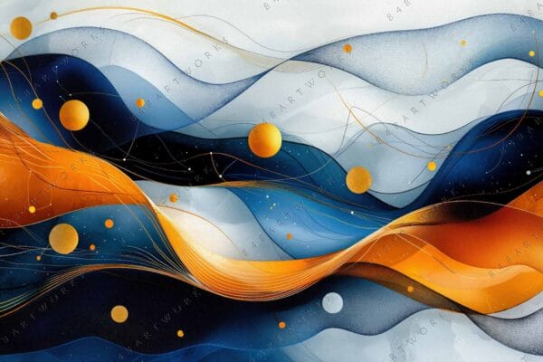 Abstract digital art of flowing orange and blue shapes with golden circles.