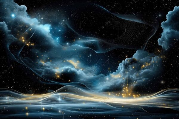 "Digital artwork of a starry night sky with ethereal clouds in blue and gold."