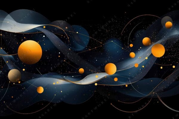 "Abstract digital artwork with swirling blue lines and orange spheres on black background."