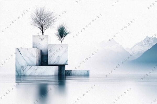 "Digital artwork of marble cubes with trees, mountains, and water in soft gray tones."