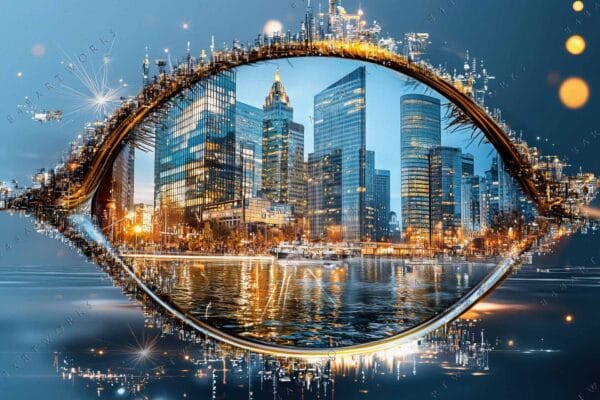 Digital art of city skyline reflected in giant eye, blue and gold tones.