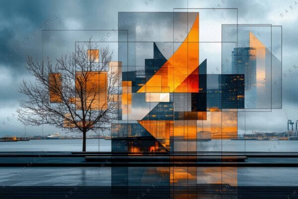 "Digital art of geometric cityscape blending with a bare tree; orange and teal palette."