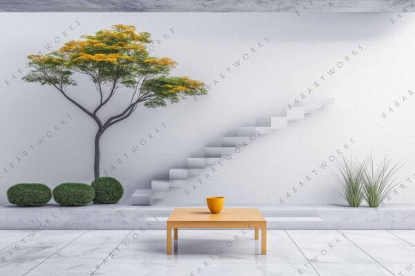Minimalist digital art of modern interior with stairs, tree, and yellow cup on table.