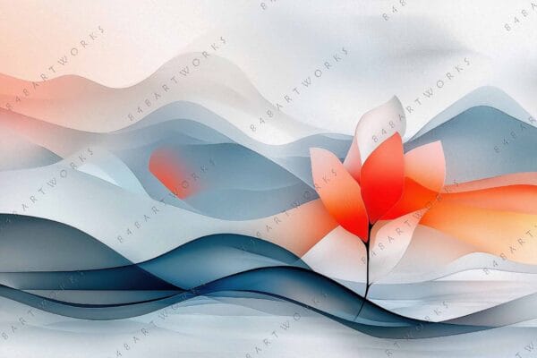 "Abstract digital art of a single flower with wavy blue and orange background."