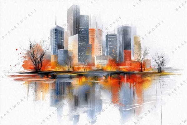 "Abstract digital painting of a cityscape with autumn trees and vibrant orange reflections."