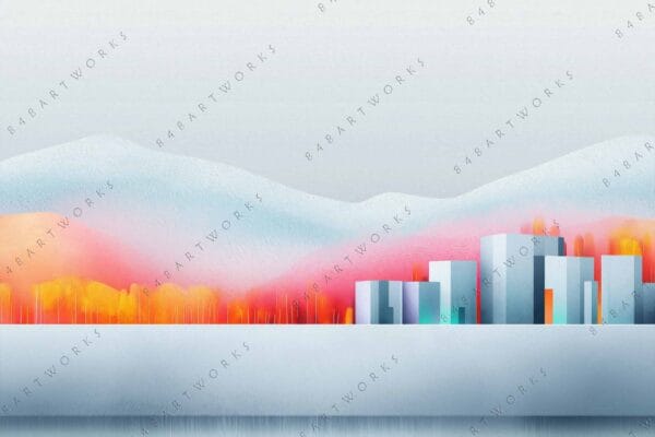 "Digital illustration of a pastel-colored cityscape with abstract mountains and autumn trees."