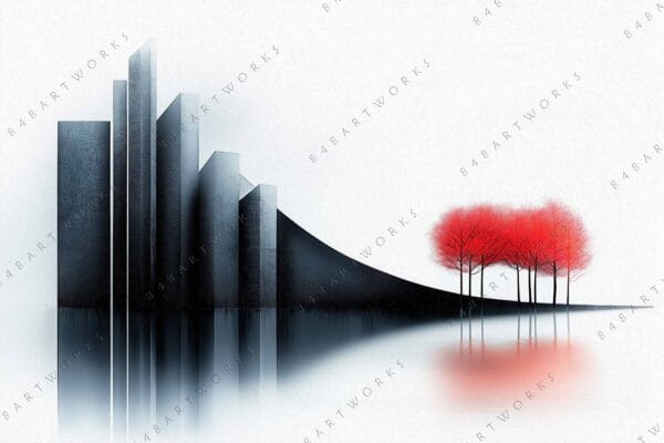 "Digital art of red trees beside abstract black geometric forms on reflective water."