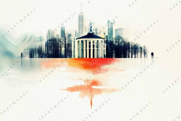 Futuristic digital artwork of urban skyline with central rotunda and orange reflective surface.
