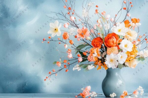 "Digital painting of vibrant orange and white flowers in a teal vase on blue background."