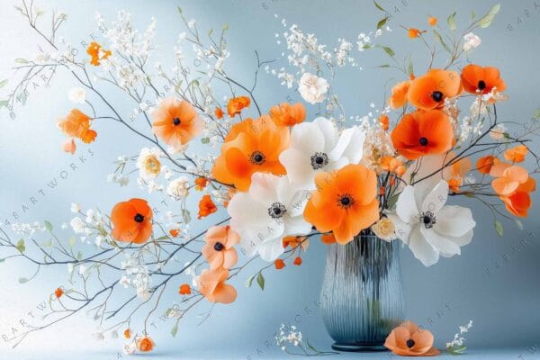 Digital illustration of vibrant orange and white flowers in a blue vase.