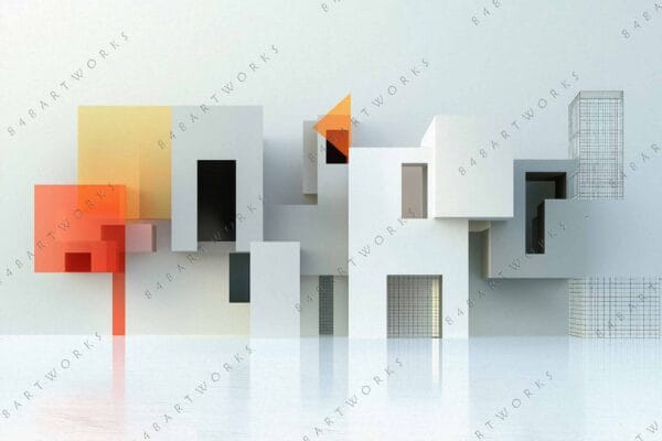 "Geometric digital art with colorful cubes and rectangles on a reflective surface."