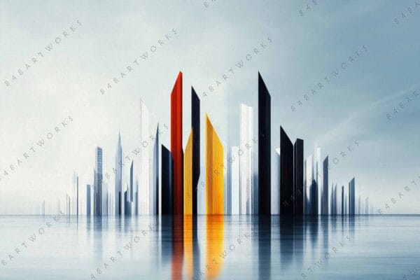 "Futuristic digital painting of a skyline with mirrored skyscrapers in blue and gray hues."