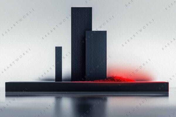 "Minimalist digital art of vertical black structures with red accents on a soft background."
