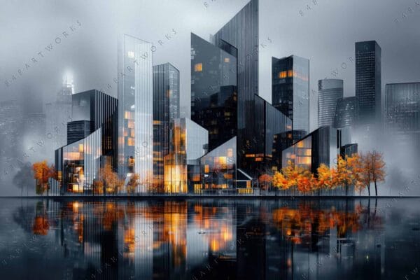 Futuristic digital art of a cityscape with orange trees and reflective water.