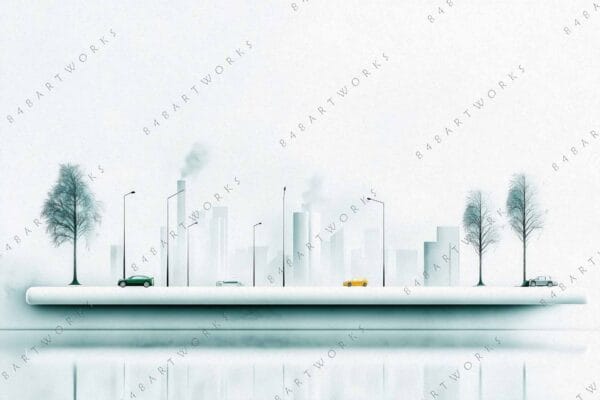 Minimalist digital artwork of a cityscape with trees and cars in pastel tones.
