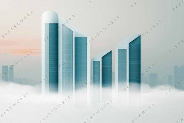"Surreal digital art of teal skyscrapers emerging from misty clouds at sunrise."