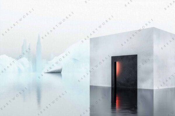 Futuristic digital artwork of partially submerged buildings in a misty gray and white landscape.