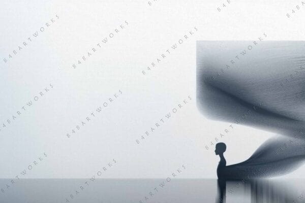 "Abstract digital art with grayscale silhouette and fluid, wavy patterns on a white background."
