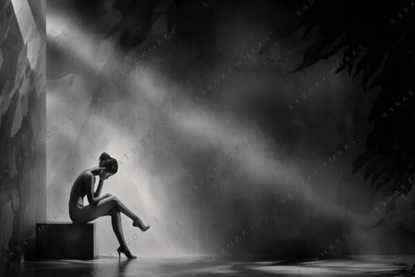 Monochrome digital art of a solitary woman sitting in a dramatic light.