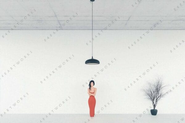 Minimalist digital art of a woman in red with a barren tree and ceiling light.